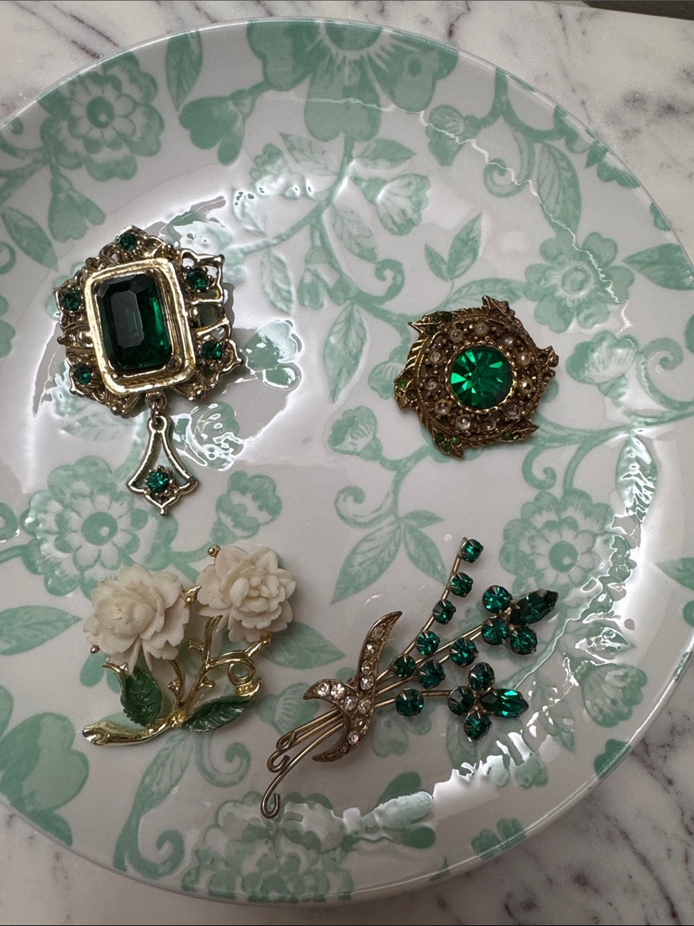 Emerald Green Crystal Floral Brooch Set - Gold-Tone Accents